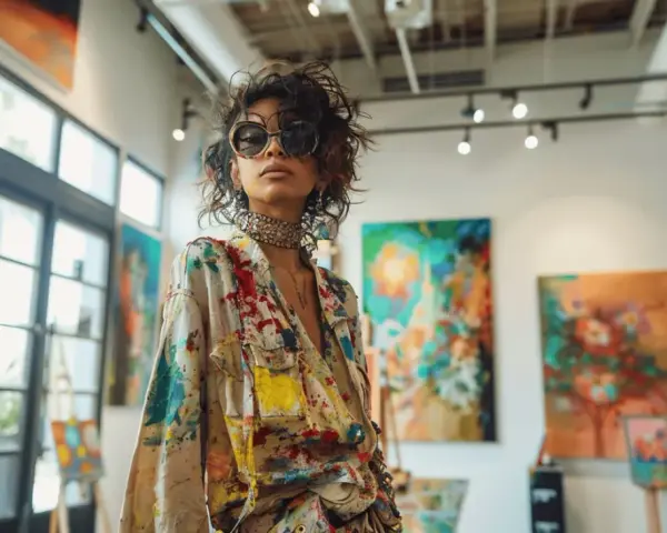 Une femme audacieuse, inspirée par l'art, montre comment s'habiller pour un vernissage avec une tenue éclaboussée de peinture.