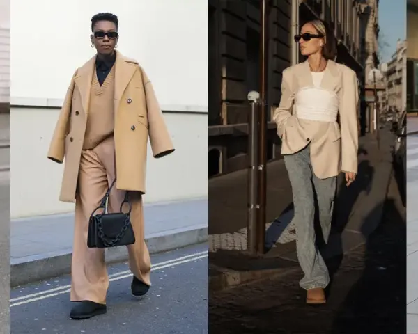 Quatre looks urbains : une femme en costume gris et ugg camel, une autre en manteau camel et pantalon large, une troisième en blazer beige et jean, et un homme en pantalon cuir et cardigan coloré.