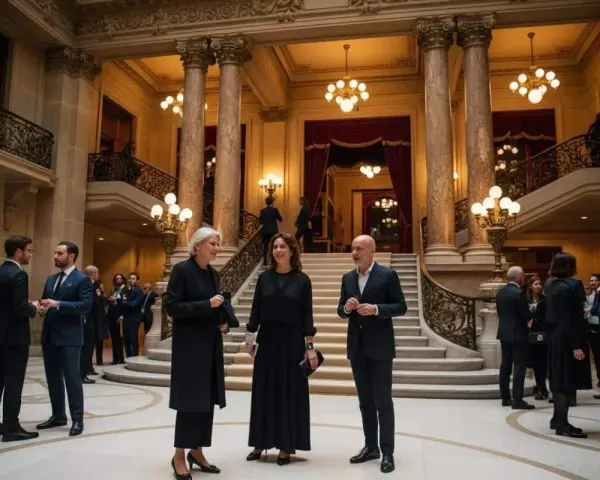 Trois personnes en tenue d'opéra discutent dans un grand hall orné de colonnes et d'escaliers majestueux.