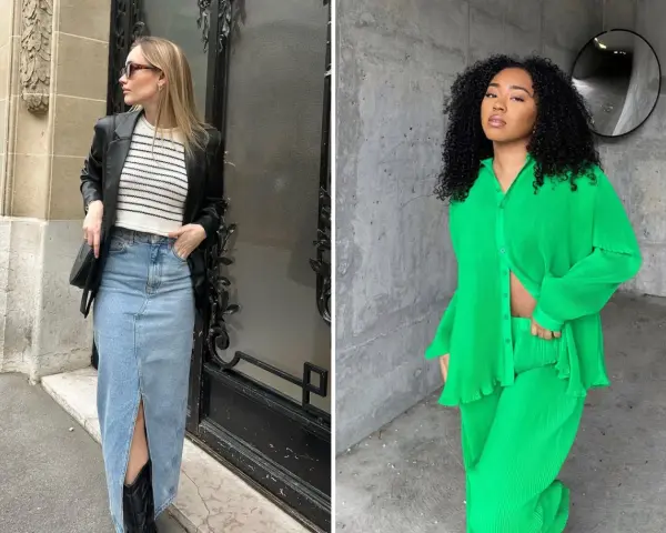 Deux femmes présentent des looks tendance pour le printemps 2026 : l'une en jupe en jean longue et blazer, l'autre en ensemble vert vif plissé.