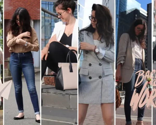 Une jeune femme en tenues professionnelles, prête pour le travail. Elle porte des blazers, des jeans et des jupes, un look de working girl moderne.