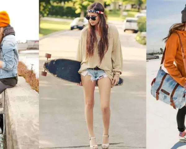 Trois jeunes femmes adoptent un style vestimentaire surfeur décontracté, avec des tenues variées et des accessoires tendance.