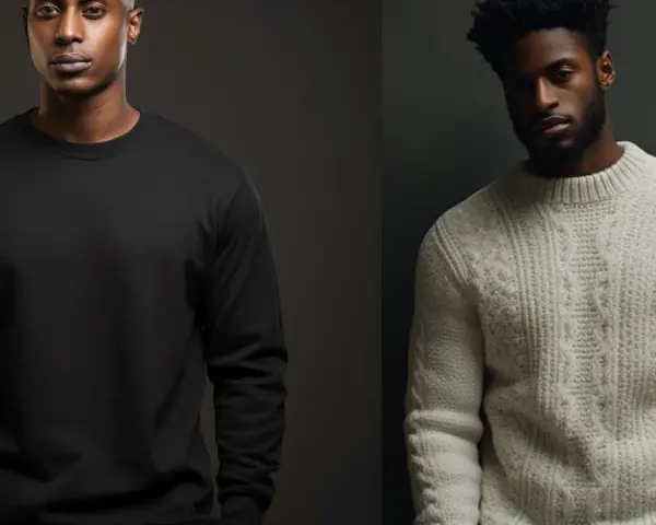 Deux hommes côte à côte. L'un porte un sweat noir uni, l'autre un pull en maille épaisse crème. La différence entre pull et sweat est claire.