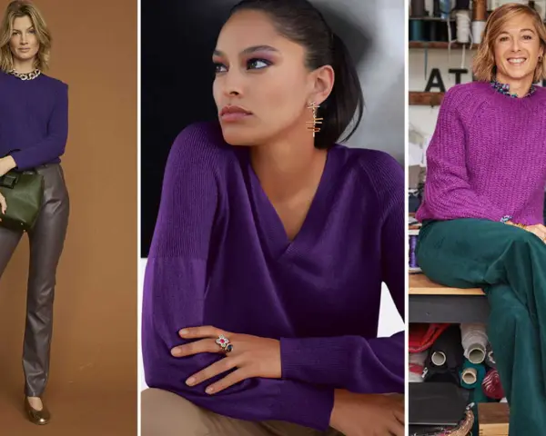 Trois femmes portent des pulls d'un magnifique couleur violet. L'une tient un sac vert, une autre arbore des bijoux dorés, et la troisième sourit, entourée de fils.