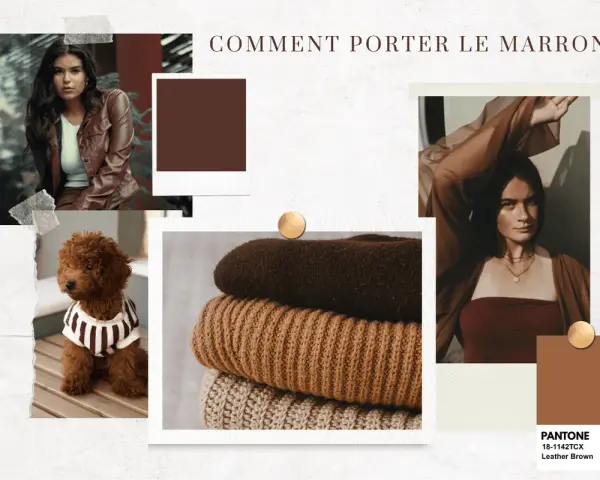 Inspiration mode : quelle couleur va avec le marron ? Une femme en veste de cuir, un caniche adorable, des pulls douillets et une palette de couleurs chaudes.