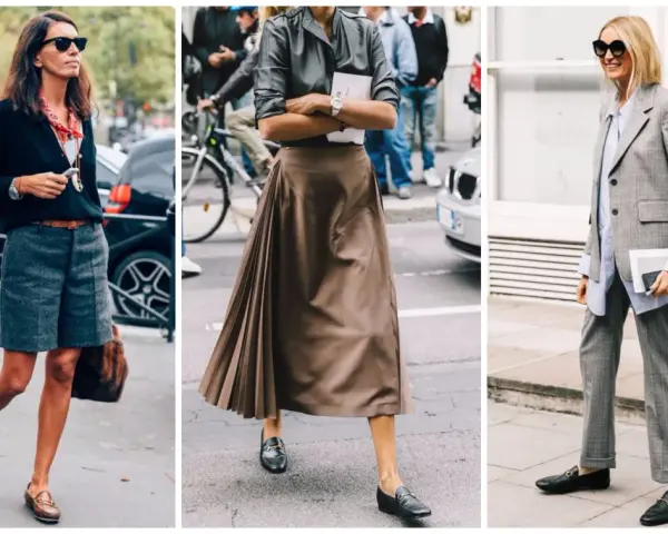 Trois femmes arborent des tenues élégantes, dont un mocassin short, une jupe plissée et un tailleur pantalon.