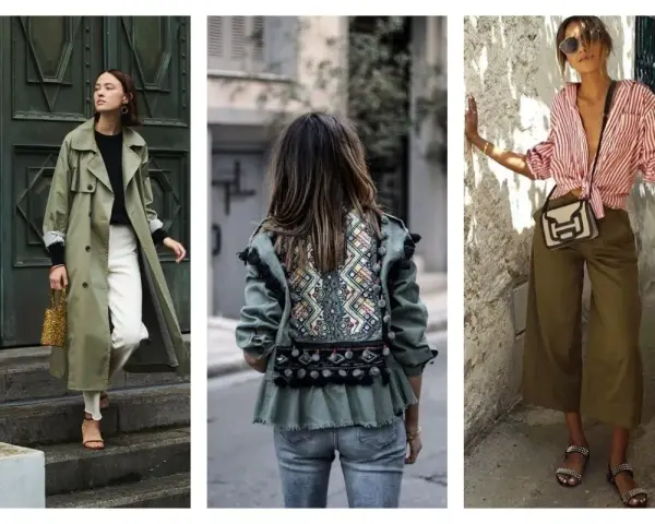 Trois femmes portent des tenues stylées. L'une arbore une tenue avec veste kaki, pantalon blanc et trench. Une autre porte une veste kaki ornée de motifs ethniques. La troisième est en pantalon kaki et chemise rayée.