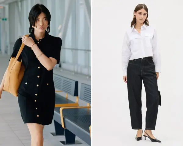 Deux looks pour savoir comment s'habiller pour une photo de classe : une robe noire chic et un ensemble chemise blanche et jean.