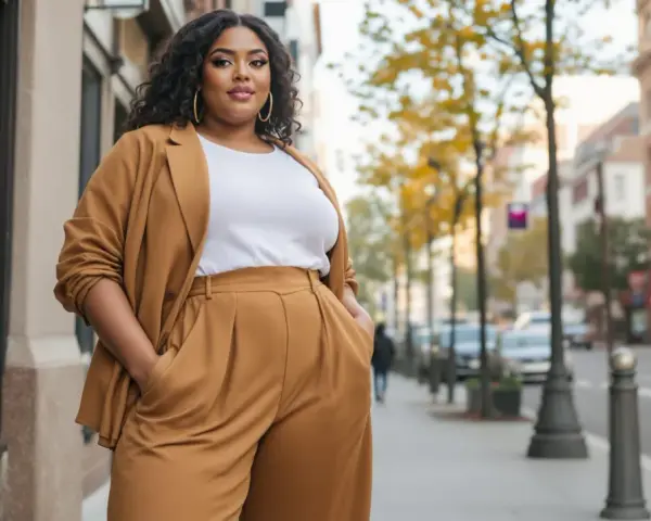 Une femme porte un blazer et un pantalon large camel, avec un haut blanc. Elle pose dans la rue, les mains dans les poches.