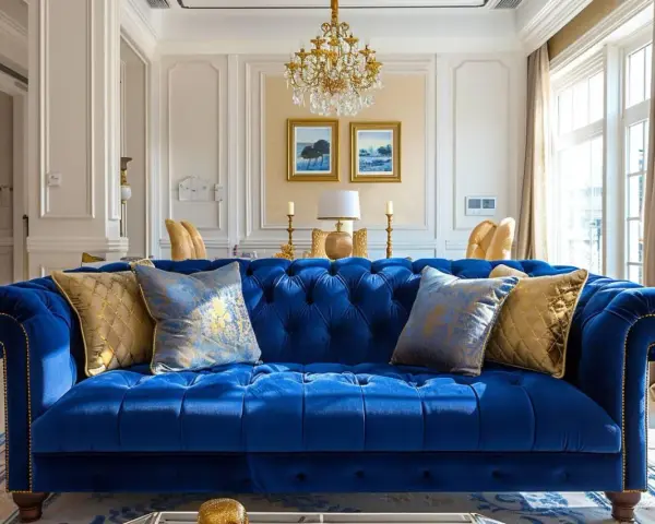 Canapé bleu roi somptueux, rehaussé de coussins dorés et bleus. Quelle couleur associer au bleu roi ? L'or, pour une touche royale.