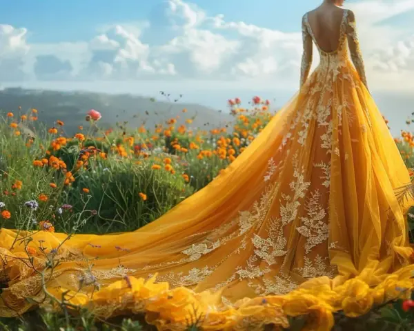 Une mariée porte une robe jaune éclatante dans un champ de fleurs sauvages. La robe de mariée jaune, symbole de joie et de bonheur, contraste avec le paysage verdoyant.