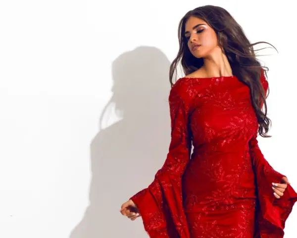 Une femme porte une robe rouge scintillante avec des manches évasées. Quelle veste avec une robe rouge serait parfaite pour compléter ce look ?