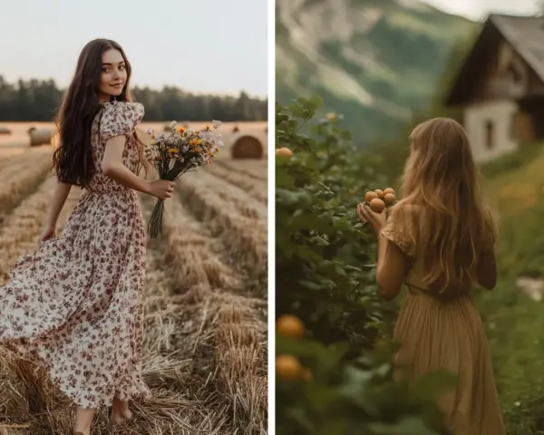 Deux jeunes femmes dans un champ de blé et près d'une cabane, style cottagecore. L'une tient un bouquet de fleurs sauvages, l'autre des fruits.