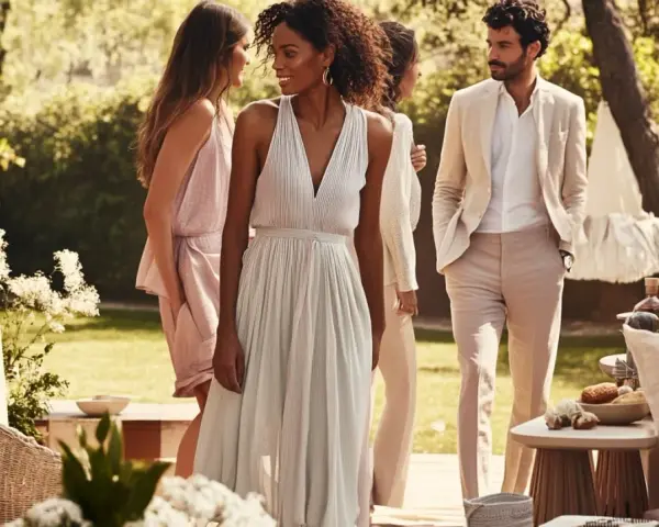 Des idées pour comment s'habiller pour un brunch ensoleillé : robes légères et costumes décontractés dans un jardin luxuriant.