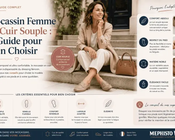 Une femme élégante porte un type de mocassin en cuir souple, parfait pour le confort et le style au quotidien.