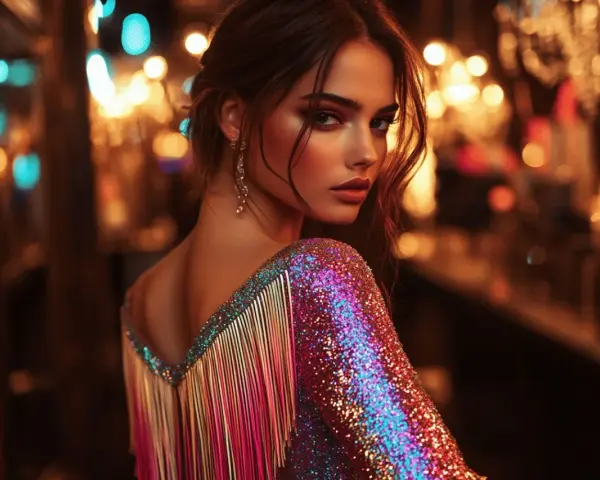 Une femme élégante, robe à paillettes et franges, prête pour une soirée où la tenue correcte exigée. Lumières floues en arrière-plan.