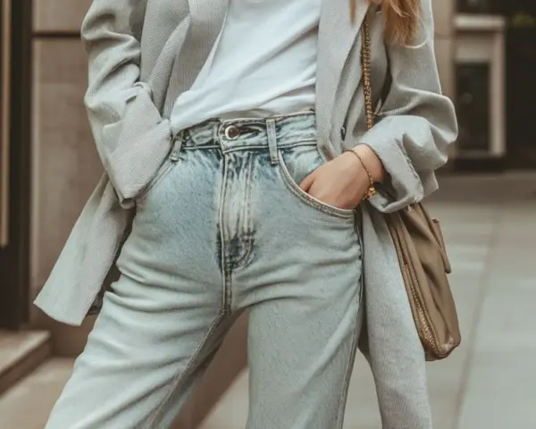 Un blazer gris rayé sur un t-shirt blanc et un **outfit jean bleu** décontracté, avec un sac bandoulière kaki.