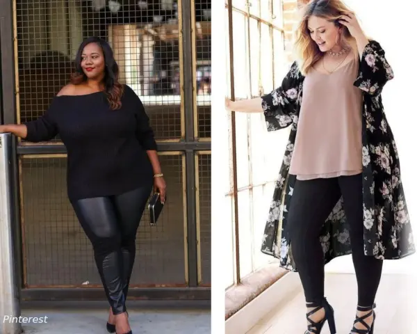 Deux femmes portent une tenue avec legging noir. L'une est en pull noir épaules dénudées, l'autre en top nude et kimono fleuri.