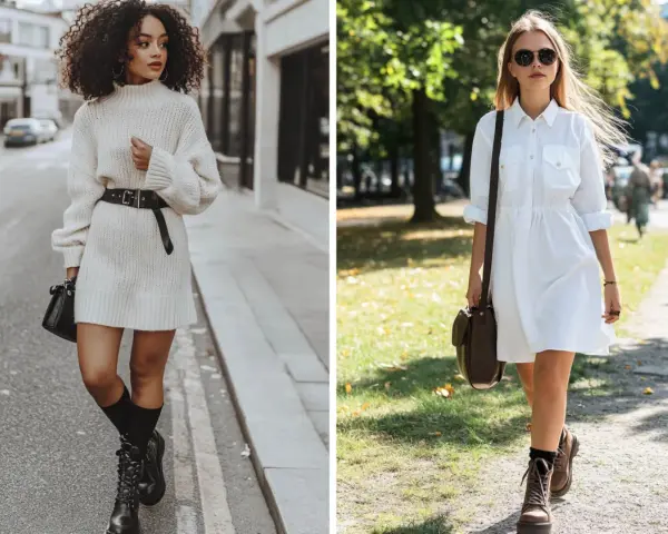 Deux femmes portent une robe avec bottes. L'une, en robe pull crème, arbore des bottes noires lacées. L'autre, en robe chemise blanche, porte des bottes marron.