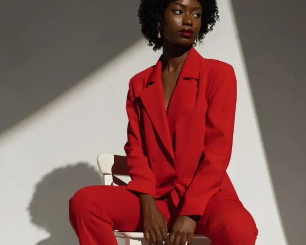 Une femme porte un tailleur pantalon rouge vif, un exemple parfait de comment porter un blazer rouge femme avec assurance.