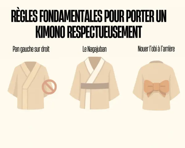 Illustration montrant comment porter un kimono court : le pan gauche sur le droit, le nagajuban, et l'obi noué à l'arrière.