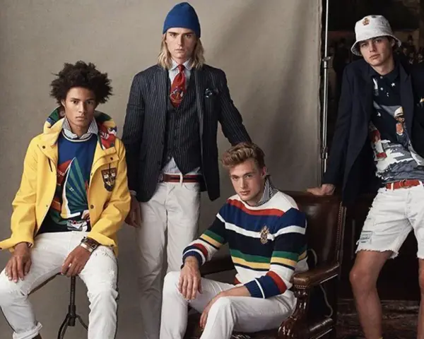 Quatre jeunes hommes posent dans un style preppy, arborant des vestes colorées, des pulls rayés et des pantalons blancs.