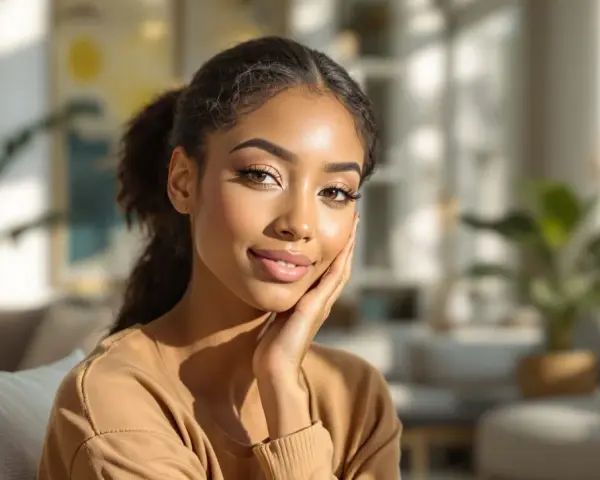 Jeune femme au teint hâlé, peau claire, mise en valeur par une colorimétrie brune. Elle pose tendrement sa main sur sa joue, un sourire doux aux lèvres.