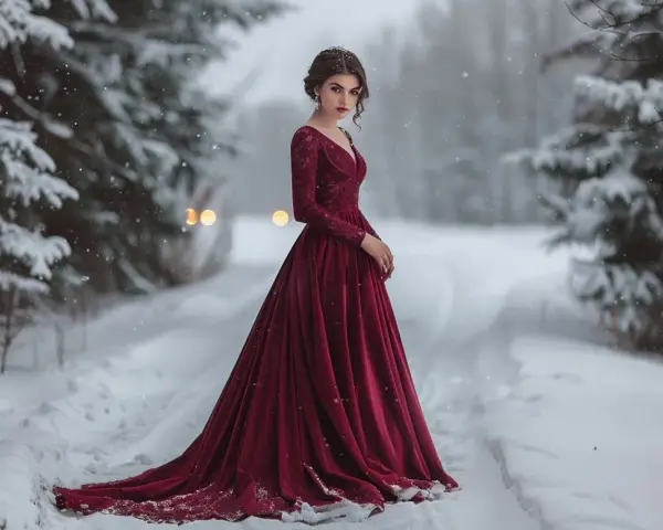 Une femme en robe bordeaux élégante dans un paysage enneigé. Idée pour un mariage en hiver comment s'habiller.
