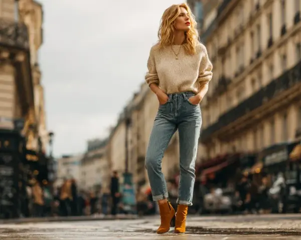 Une femme porte un jean mom et des bottines marron, posant dans une rue parisienne.