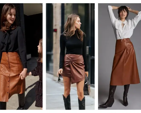 Trois femmes portent des jupes marron en cuir, de styles variés, avec des hauts noirs ou blancs et des bottes.