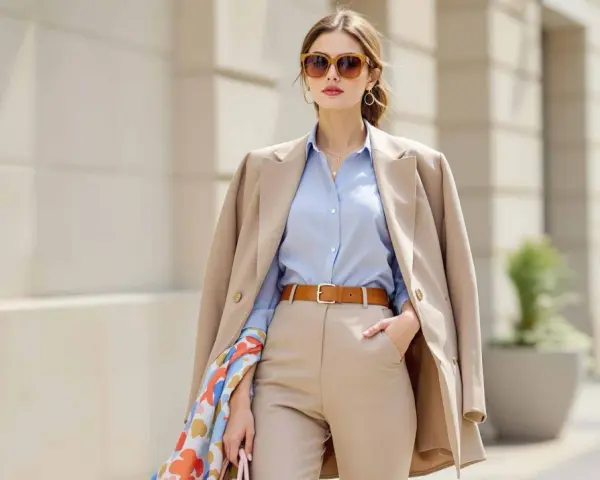 Une femme porte une chemise bleu avec un pantalon beige, un blazer camel et des lunettes de soleil.
