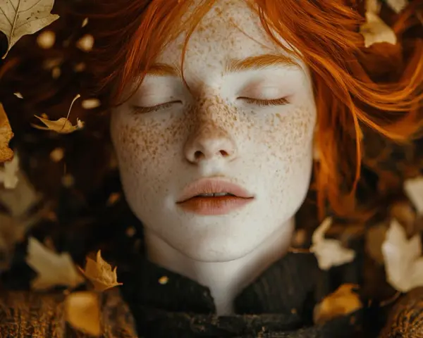 Une rousse aux taches de rousseur, entourée de feuilles d'automne. Quelle couleur pour les rousses ? La nature répond avec cette palette chaleureuse.