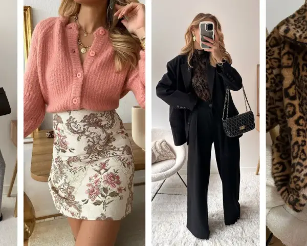 Idées de tenues pour Noël : tailleur gris, robe fleurie rose, tailleur noir chic, ou manteau léopard.