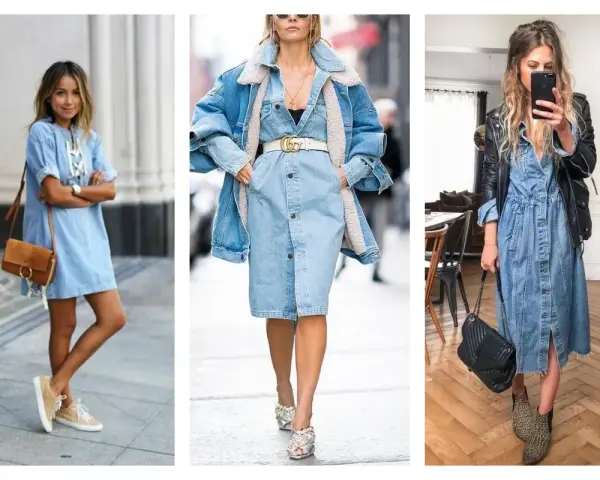 Trois femmes portent une robe en jean. La première avec des baskets, la deuxième avec une veste en jean doublée et la troisième avec une veste en cuir.