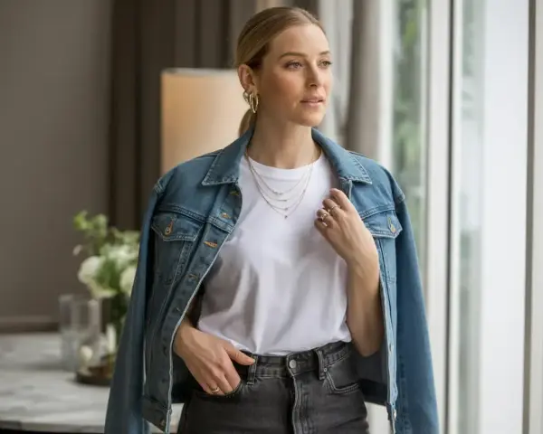 Une femme porte une veste en jean bleue sur un t-shirt blanc et un jean gris. Elle a des colliers superposés et des bagues.