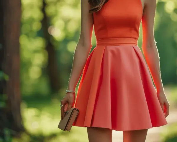 Une femme porte une robe rouge vif, parfaite pour un mariage en plein air. Elle tient un petit sac à main.