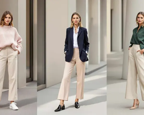 Trois femmes portent une tenue avec pantalon beige femme hiver : un pull rose, un blazer bleu marine, et une chemise verte.
