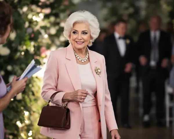 Élégante femme de 75 ans, radieuse dans sa tenue de mariage rose poudré, collier de perles et broche scintillante.