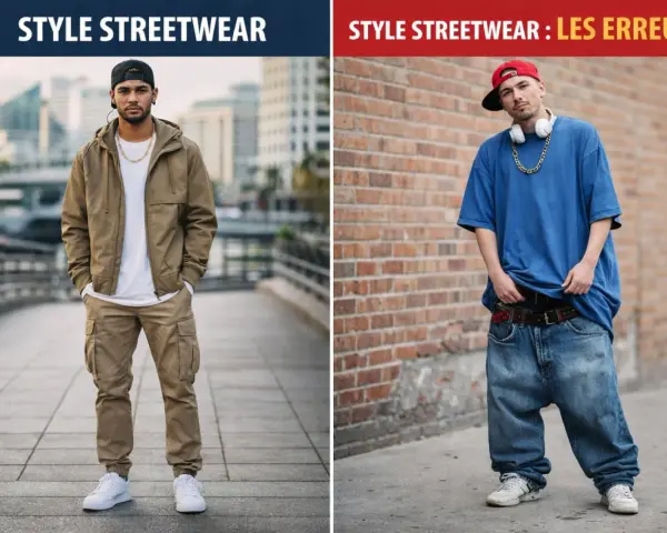 Deux hommes illustrent le style vestimentaire streetwear : l'un avec une tenue soignée, l'autre avec une allure plus décontractée.