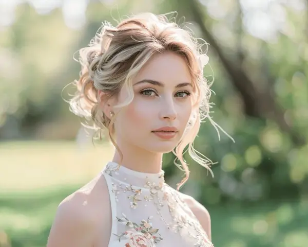 Une jeune femme au chignon flou, portant une tenue mariage religieux femme ornée de fleurs et de perles, pose en extérieur.