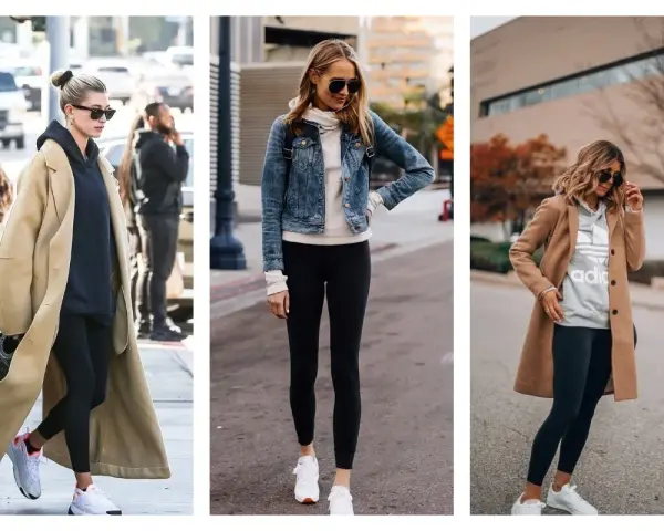 Trois femmes portent des leggings noirs avec des baskets blanches. L'une a un long manteau beige, l'autre une veste en jean, et la troisième un manteau camel.