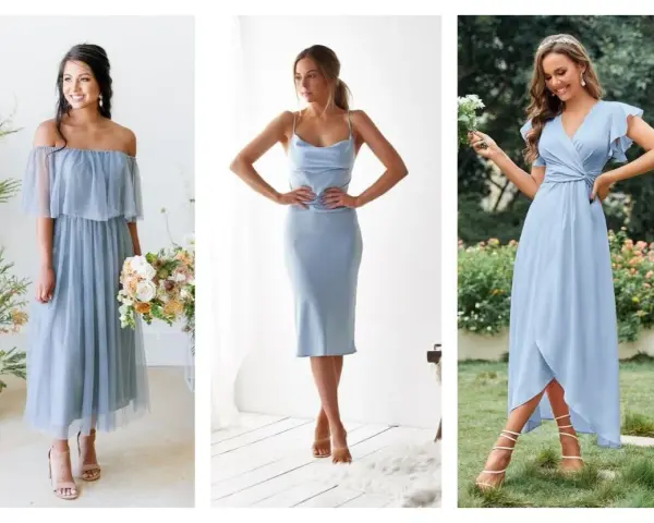 Trois femmes portent des robes bleu ciel. Laquelle de ces couleurs de chaussures irait le mieux avec une robe bleu ciel ? Des sandales nude et transparentes.