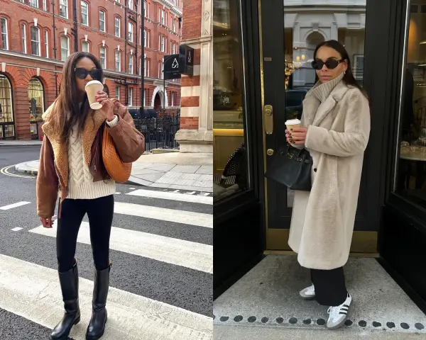 Deux femmes arborent une tenue d'hiver swag : l'une avec un blouson en cuir marron et un pull torsadé, l'autre avec un long manteau en fausse fourrure beige.