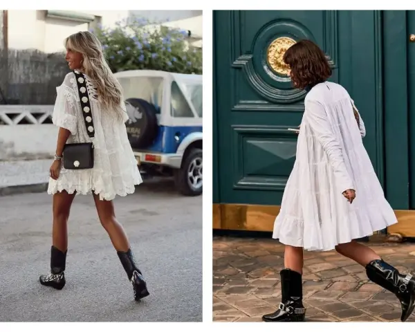 Deux femmes portent une robe blanche avec des santiags. L'une a une robe en dentelle et l'autre une robe à volants.