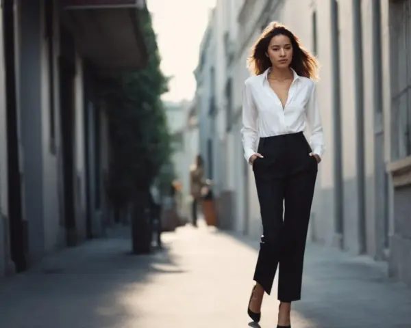 Une femme élégante marche dans une ruelle, portant une chemise blanche et un pantalon noir.
