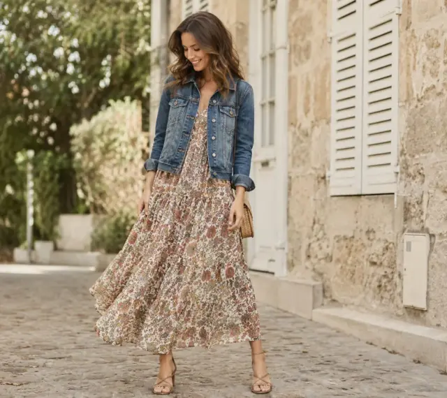 Quelle veste avec une robe longue fleurie, un look bohème chic pour une balade ensoleillée.