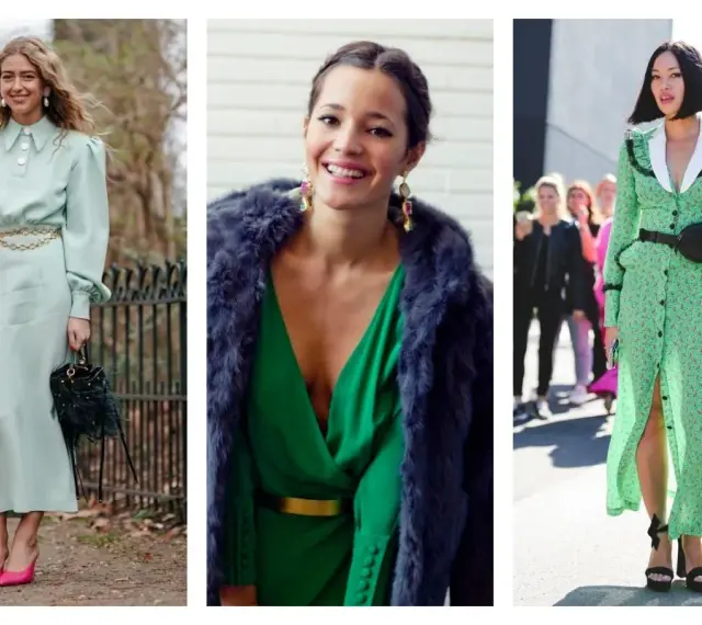 Idées pour accessoiriser une robe verte mariage : une ceinture dorée, une pochette à plumes ou une banane Gucci.
