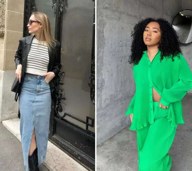Deux femmes présentent des looks tendance pour le printemps 2026 : l'une en jupe en jean longue et blazer, l'autre en ensemble vert vif plissé.