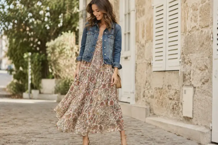 Quelle veste avec une robe longue fleurie, un look bohème chic pour une balade ensoleillée.