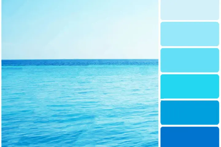 Palette de couleurs marines, explorant chaque nuance de bleu, de l'eau claire au ciel infini.